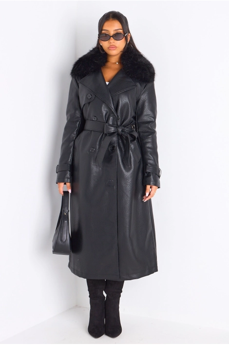 Manteau long en simili cuir noir à empiècement fourrure