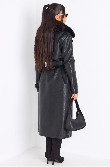 Manteau long en simili cuir noir à empiècement fourrure
