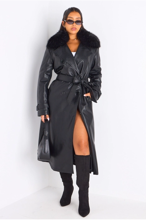 Manteau long en simili cuir noir à empiècement fourrure