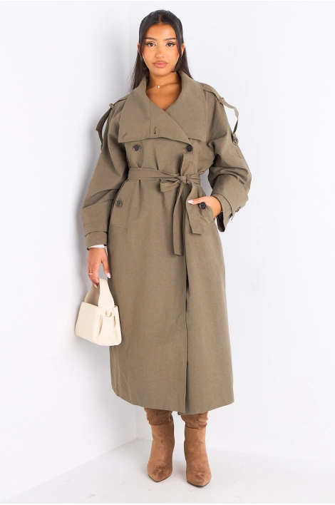 Trench long croisé kaki à ceinture