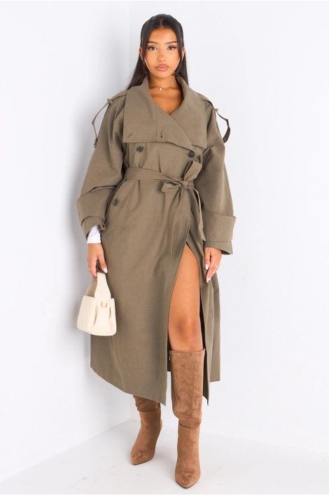 Trench long croisé kaki à ceinture