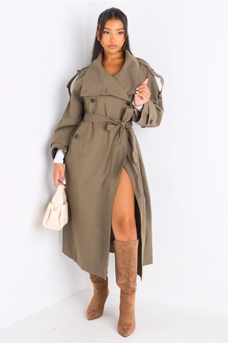 Trench long croisé kaki à ceinture