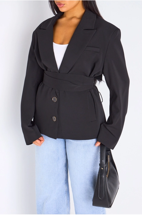 Veste blazer noire à coupe droite ceinturée