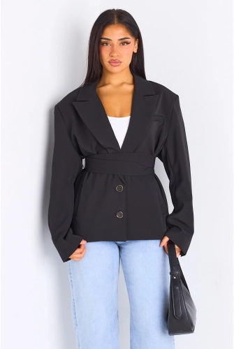 Veste blazer noire à coupe droite ceinturée