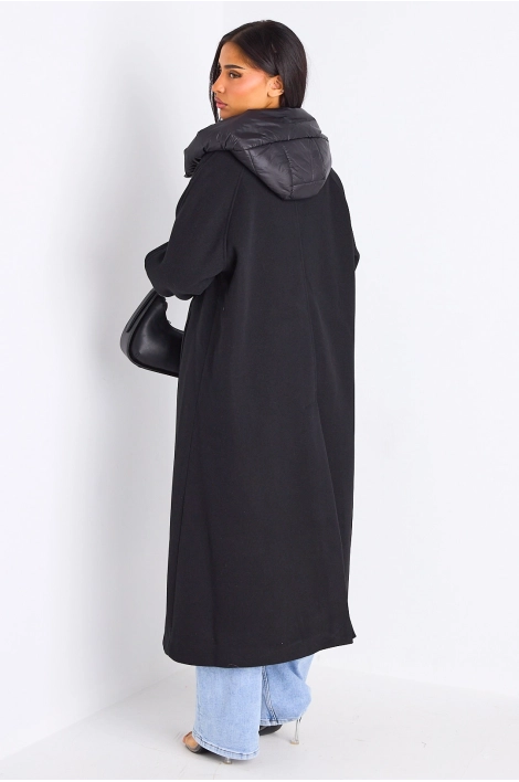 Manteau long texturé noir à capuche bi-matière
