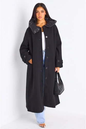 Manteau long texturé noir à capuche bi-matière