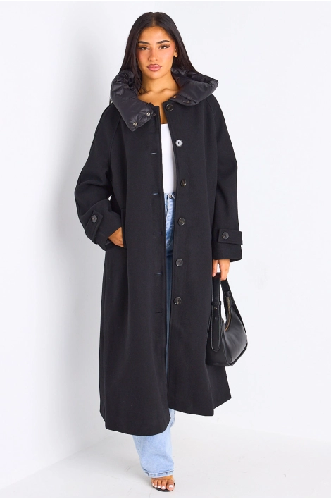Manteau long texturé noir à capuche bi-matière