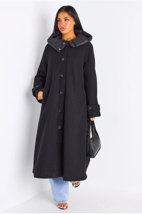 Manteau long texturé noir à capuche bi-matière