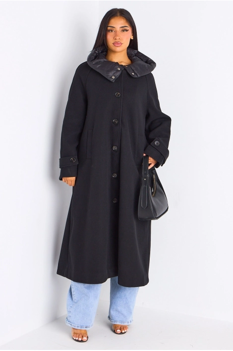 Manteau long texturé noir à capuche bi-matière