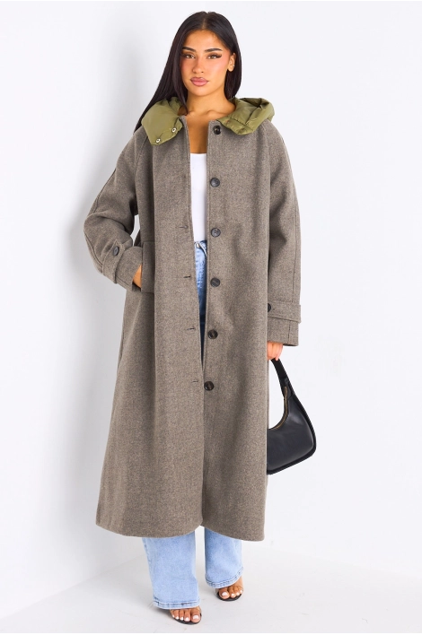 Manteau long texturé kaki à capuche bi-matière