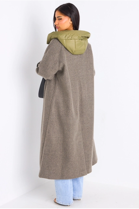 Manteau long texturé kaki à capuche bi-matière