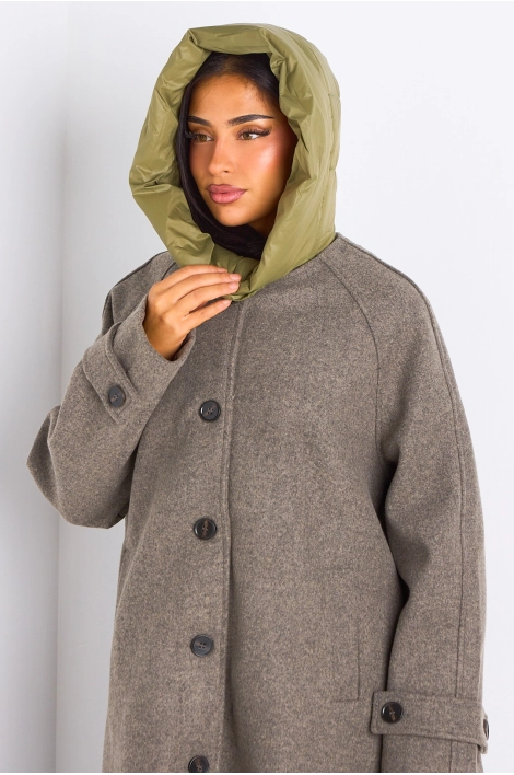Manteau long texturé kaki à capuche bi-matière