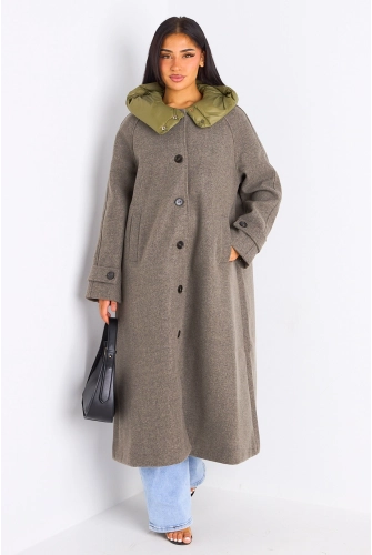 Manteau long texturé kaki à capuche bi-matière