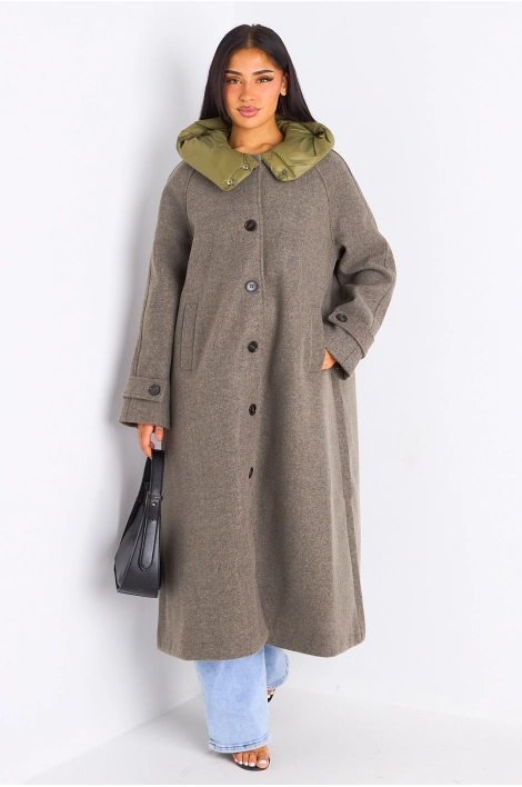 Manteau long texturé kaki à capuche bi-matière
