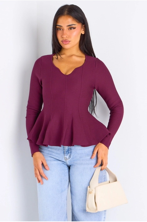 T-shirt manches longues évasé sur les hanches bordeaux