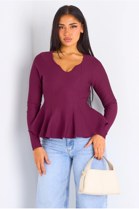 T-shirt manches longues évasé sur les hanches bordeaux