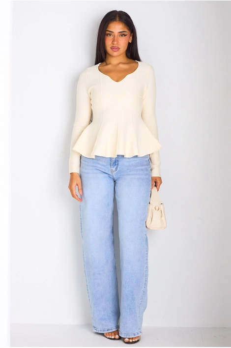 T-shirt manches longues évasé sur les hanches blanc
