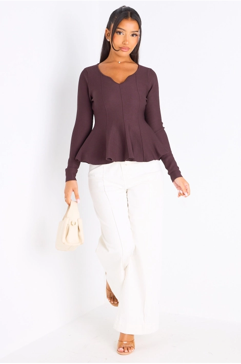T-shirt manches longues évasé sur les hanches marron