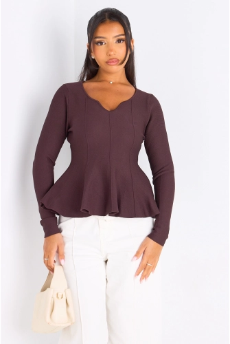 T-shirt manches longues évasé sur les hanches marron