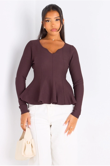 T-shirt manches longues évasé sur les hanches marron