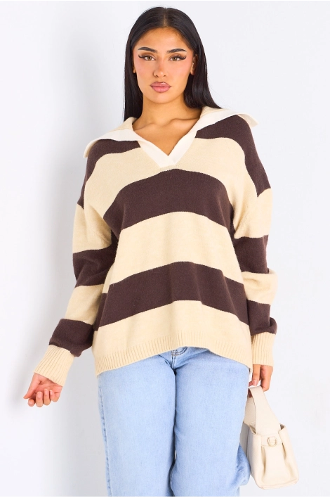Pull en laine beige à rayures marrons