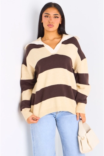 Pull en laine beige à rayures marrons