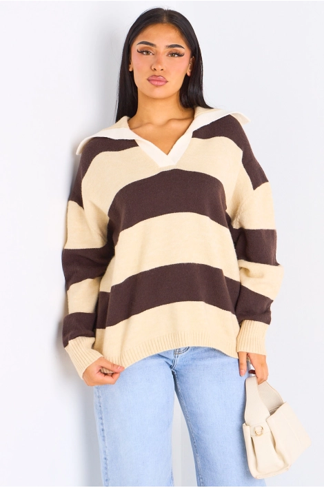 Pull en laine beige à rayures marrons