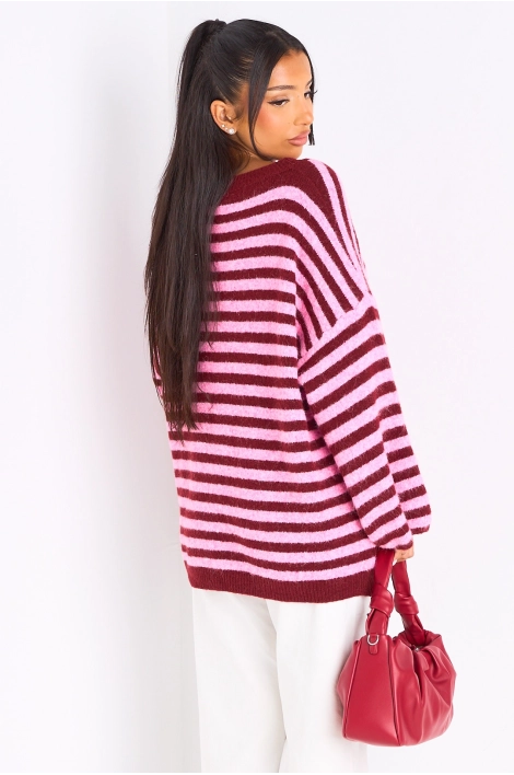 Pull en laine bordeaux à rayures rose foncé