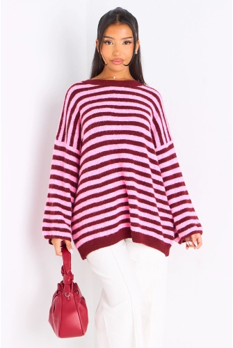 Pull en laine bordeaux à rayures rose foncé