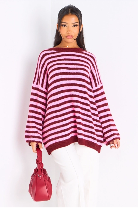 Pull en laine bordeaux à rayures rose foncé
