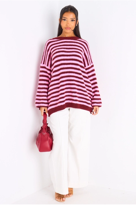 Pull en laine bordeaux à rayures rose foncé
