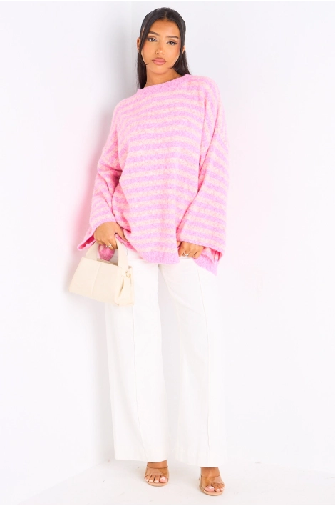 Pull en laine rose à rayures rose clair
