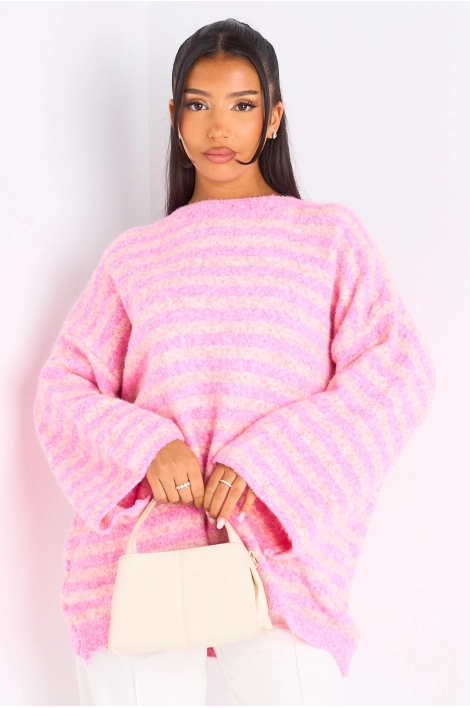 Pull en laine rose à rayures rose clair