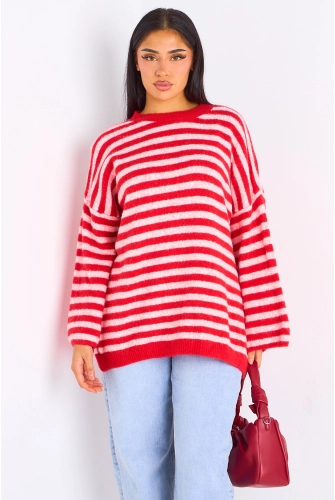 Pull en laine rouge à rayures rose clair