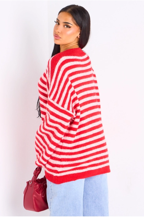 Pull en laine rouge à rayures rose clair