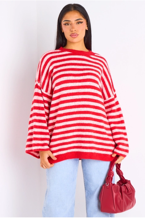 Pull en laine rouge à rayures rose clair