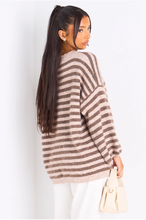 Pull en laine beige foncé à rayures taupe