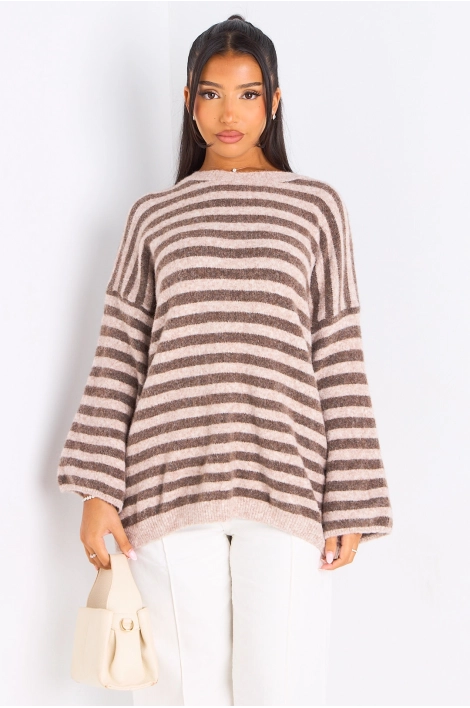 Pull en laine beige foncé à rayures taupe