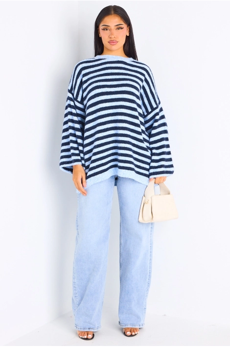 Pull en laine bleu clair à rayures bleu foncé