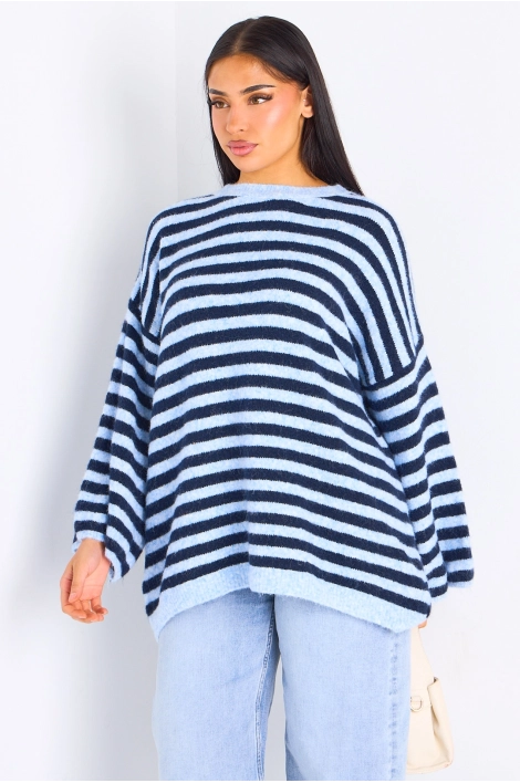Pull en laine bleu clair à rayures bleu foncé