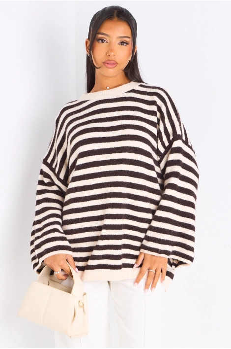 Pull en laine beige à rayures marron