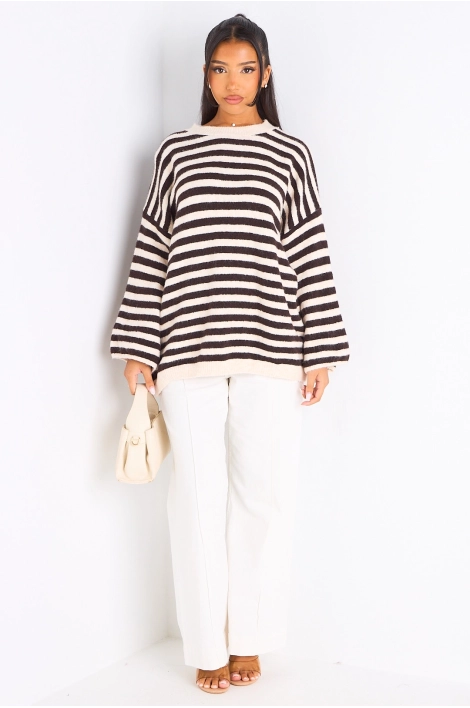 Pull en laine beige à rayures marron