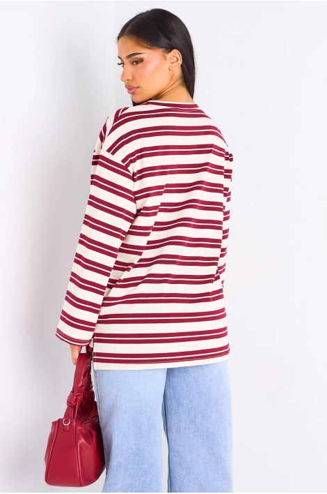 T-shirt manches longues à rayures bordeaux et beiges