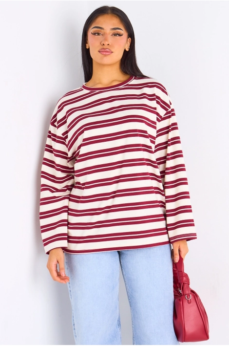 T-shirt manches longues à rayures bordeaux et beiges