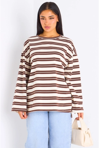 T-shirt manches longues à rayures beiges et marrons