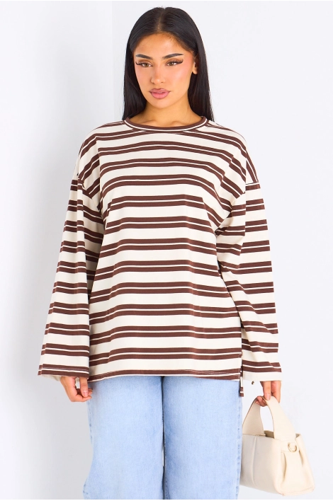 T-shirt manches longues à rayures beiges et marrons