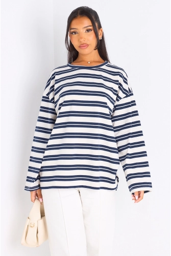 T-shirt manches longues à rayures bleu marine et blanches