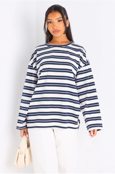 T-shirt manches longues à rayures bleu marine et blanches