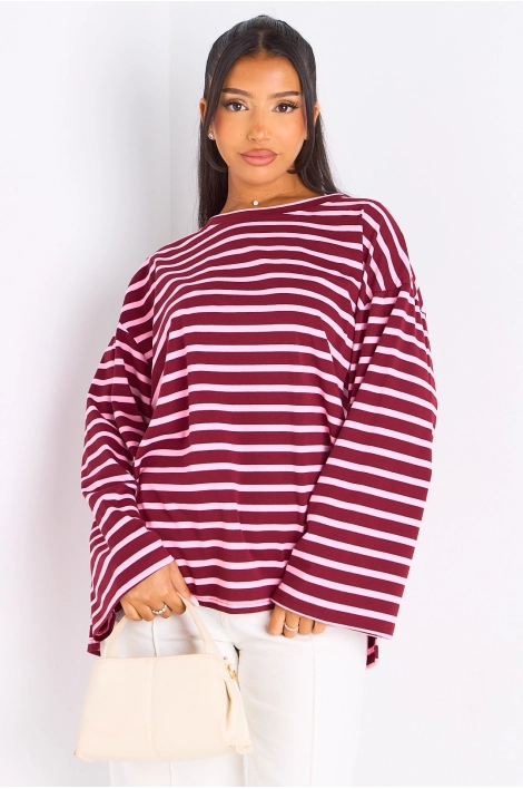 T-shirt manches longues à rayures roses et bordeaux