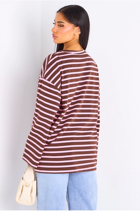T-shirt manches longues à rayures marron et roses